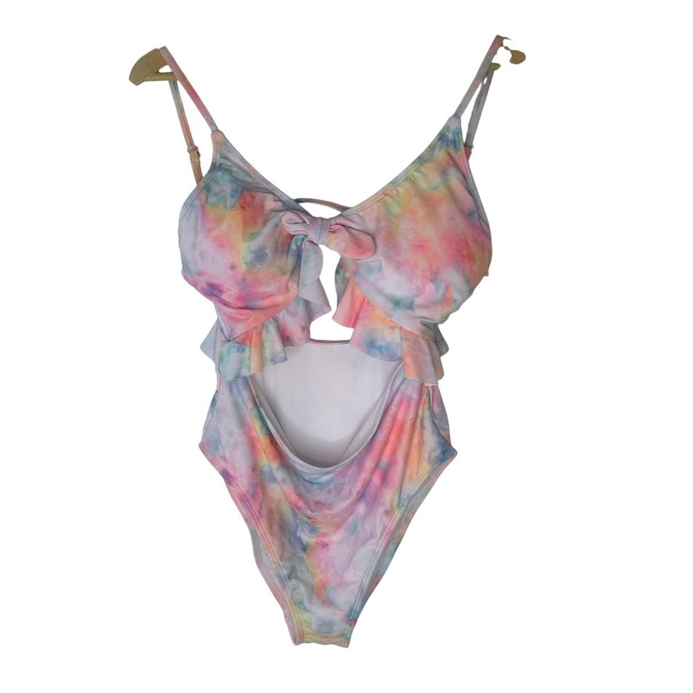 Hurley One Piece Swimsuit Womens Large Multicolor Tie Dye Ruffle Cutout Monokini